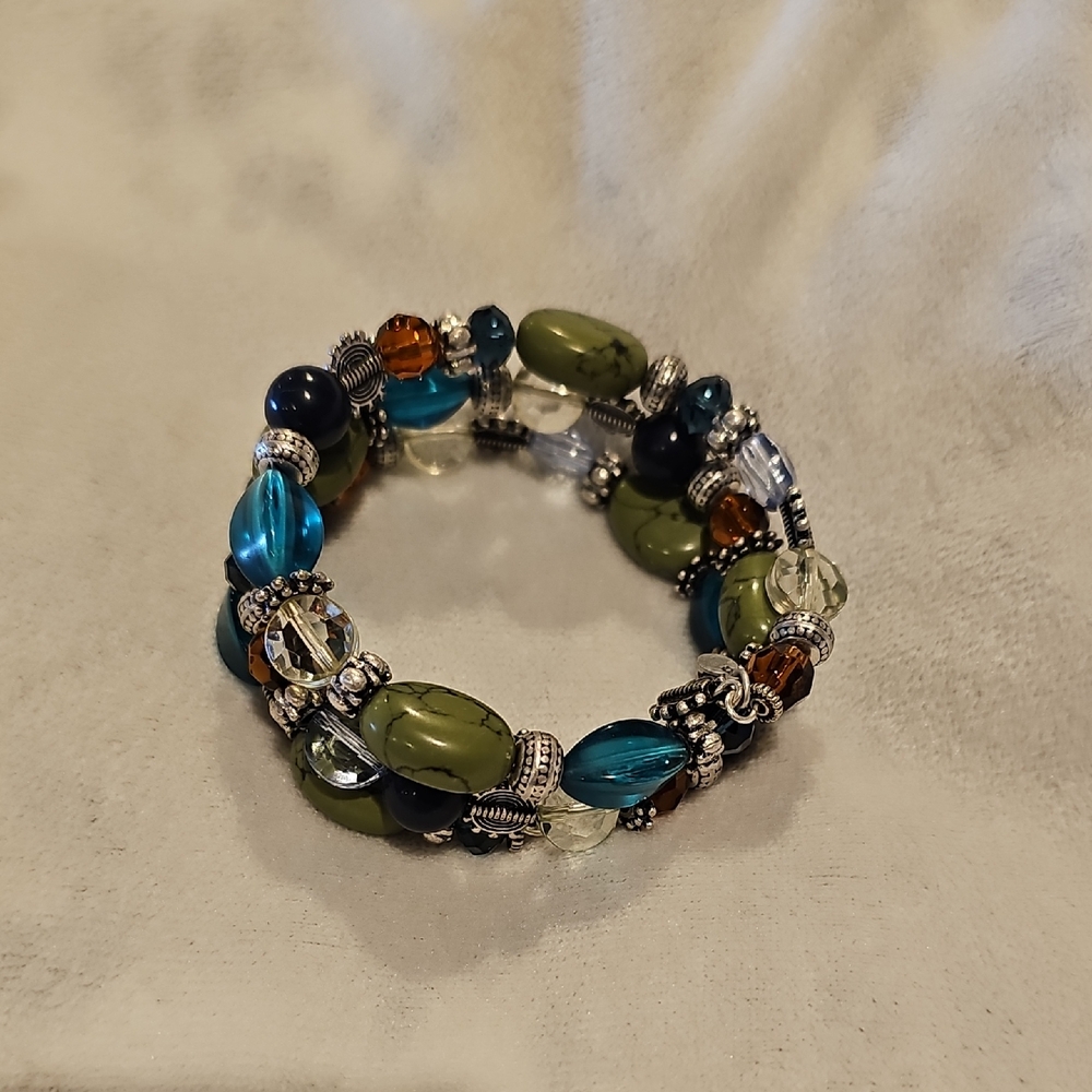 Premier Designs Blue and Green  Tripple Wrap Beaded Bracelet